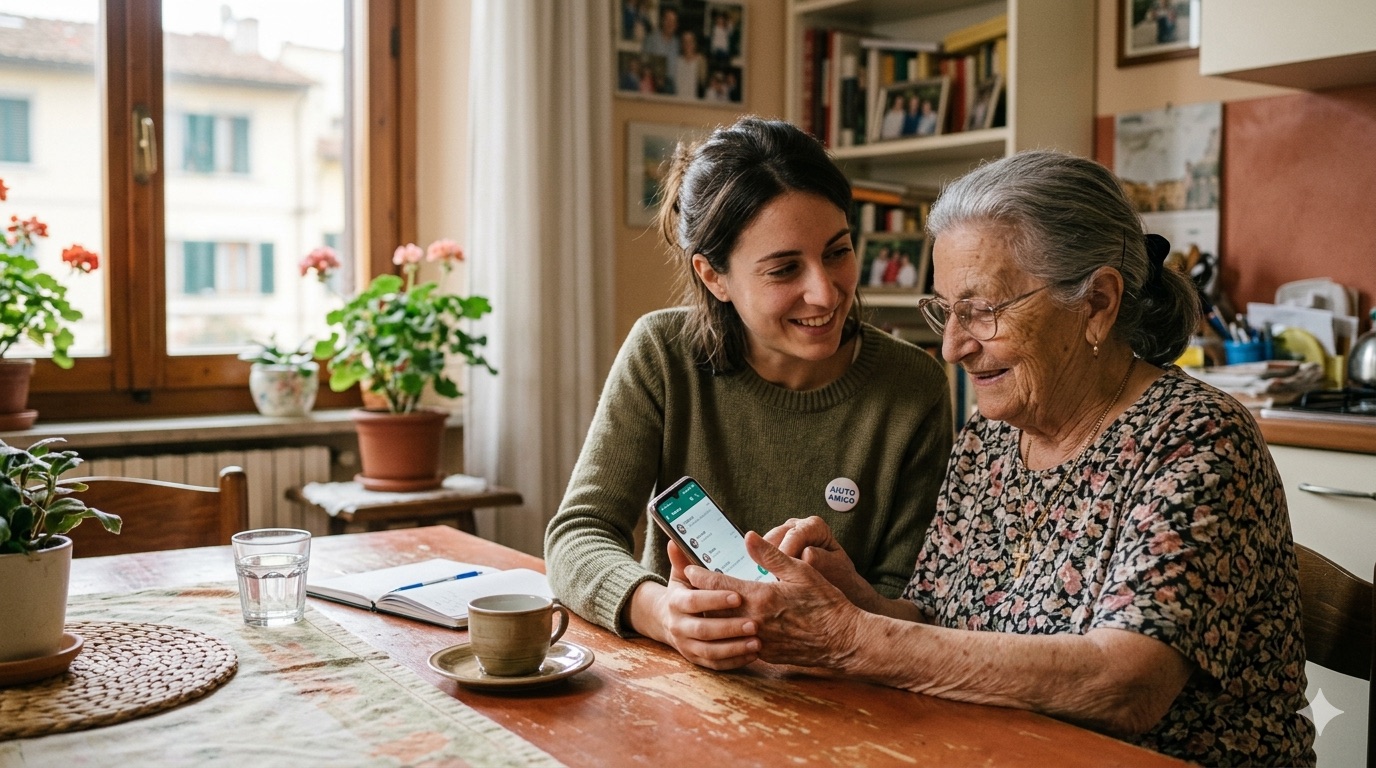 Una giovane aiuta un'anziana a usare lo smartphone in un ambiente domestico sereno.